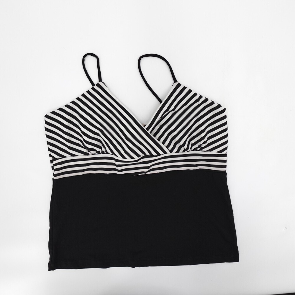Vintage MKM Designs Shirt Womens Large Black Beige Striped Strappy Blouse